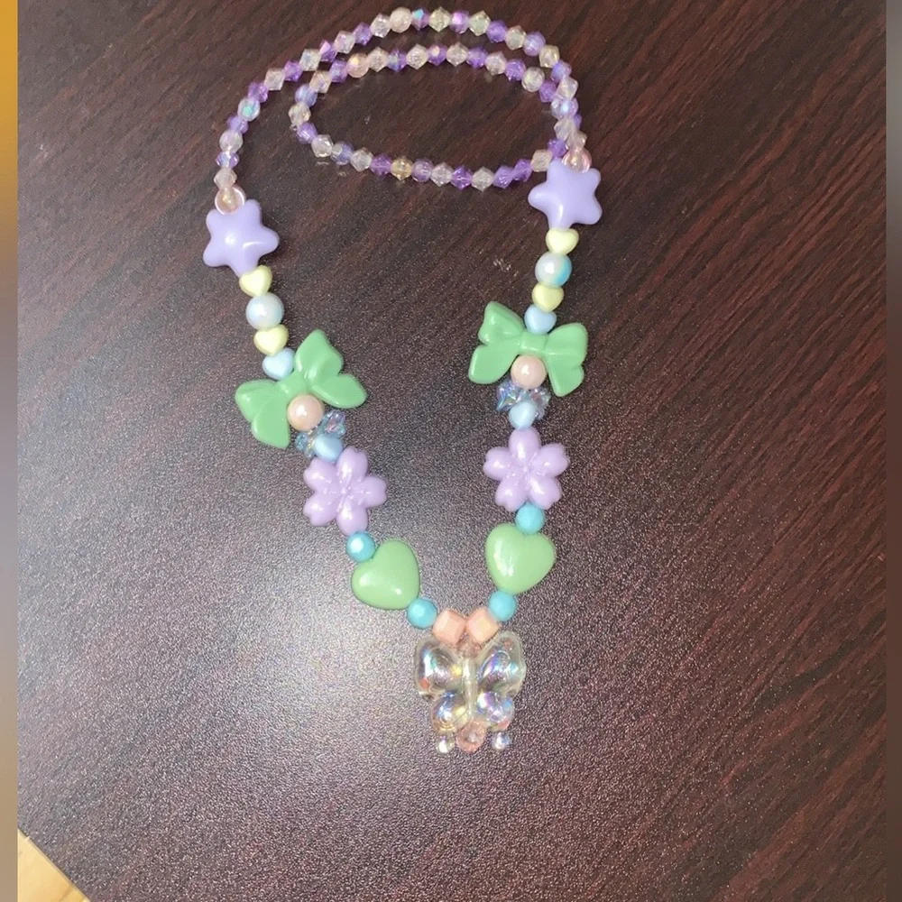 Pastel beaded with butterfly pendant Necklace and Bracelet